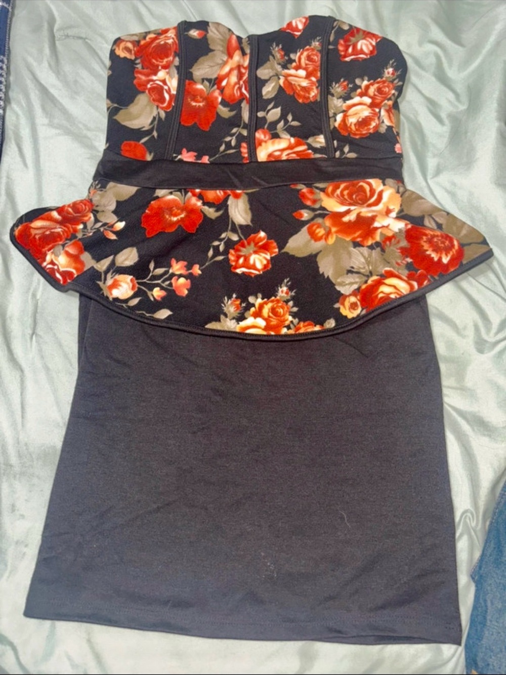 Floral Peplum Pencil dress- Black with Red Floral size Medium